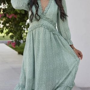 Green printed ruffle midi dress